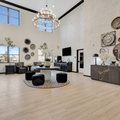 lobby with seating and chandelier